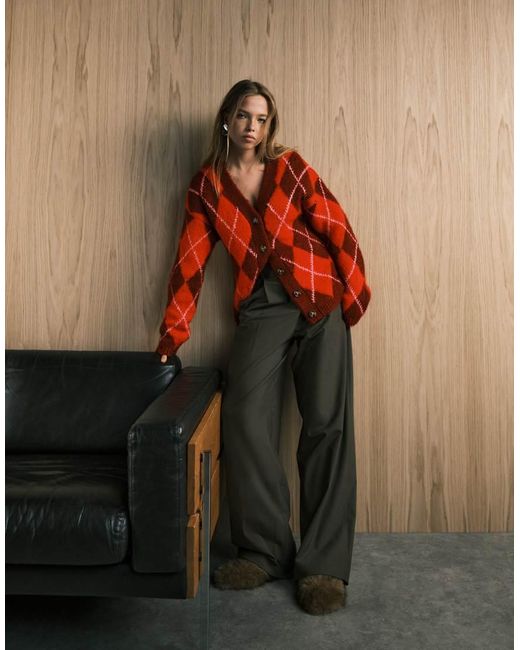 ASOS Red Argyle Brushed Boyfriend Cardigan