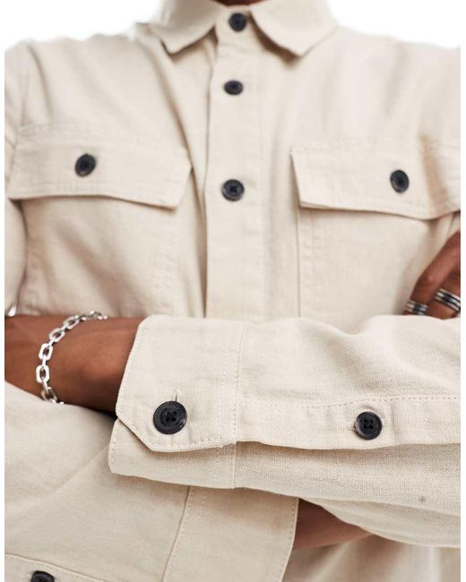 Threadbare White Long Sleeve Linen Slub Shirt With Utlity Pockets for men