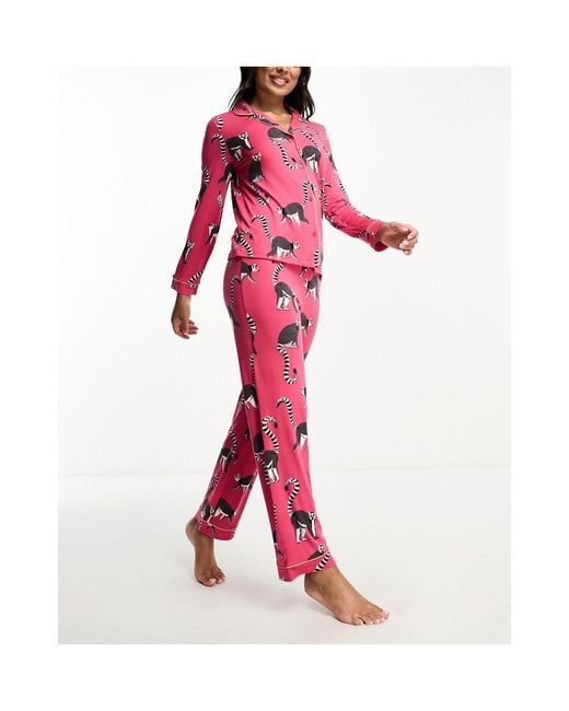 Chelsea Peers Red Exclusive Jersey Lemur Print Button Top And Trouser Pyjama Set