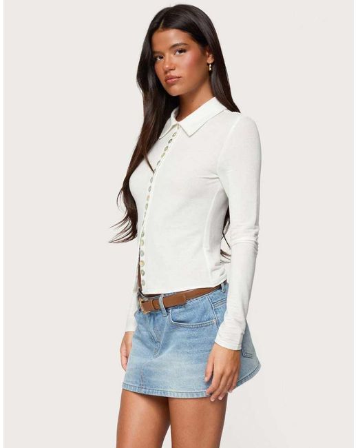 Edikted White Pennie Iridescent Button Up Shirt