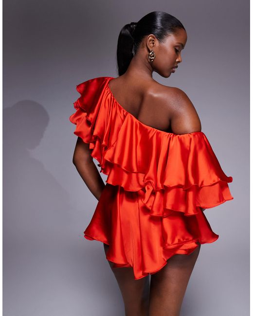 The Dolls House Red Liliana Asymmetric Ruffle Satin Playsuit