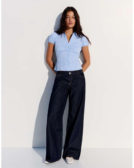 Bershka Blue Short Sleeve Poplin Shirt With Bow