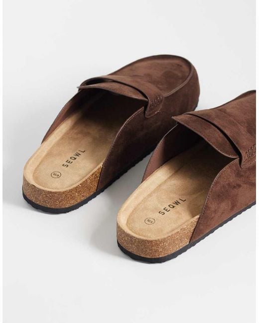 SEQWL Wide Fit Brown Soda Slip On Loafer Style Mules With