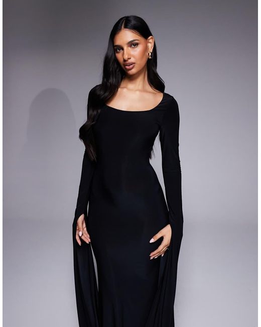 ASOS Black Scoop Neck Maxi Dress With Exaggerated Drape Floor Length Sleeve