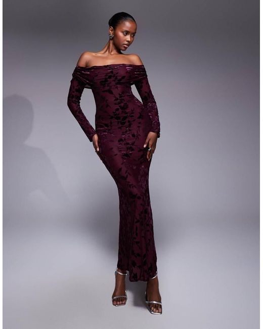TFNC London Purple Off Shoulder Long Sleeve Maxi Dress