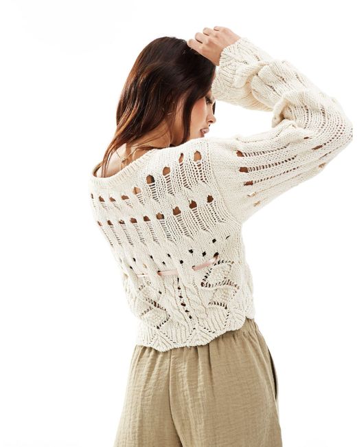 Miss Selfridge Natural Crochet Contrast Bow Detail Long Sleeve Jumper