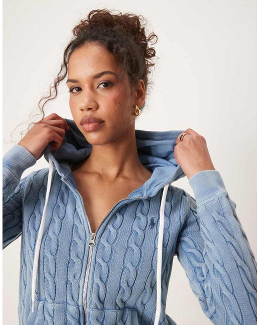 Polo Ralph Lauren Blue Zip Through Cable Knit Hooded Cadrigan
