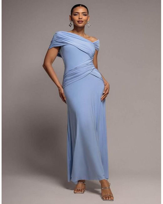 Goddiva Blue Asymmetric Neck Gathered Waist Maxi Dress