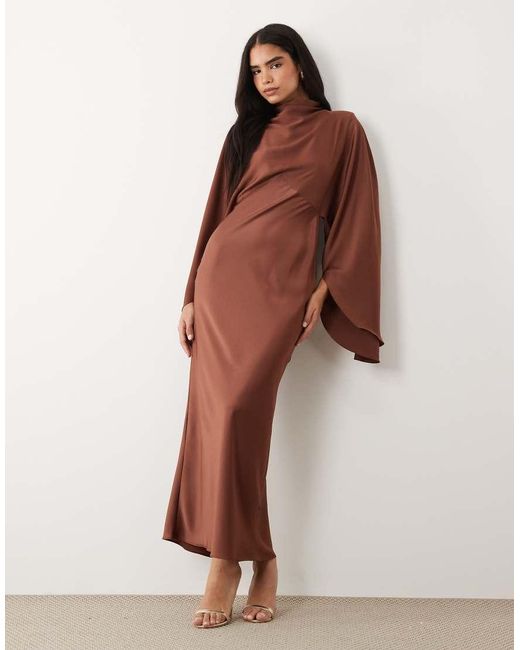 ASOS Brown Funnel Neck Satin Maxi Dress With exaggerated Sleeves