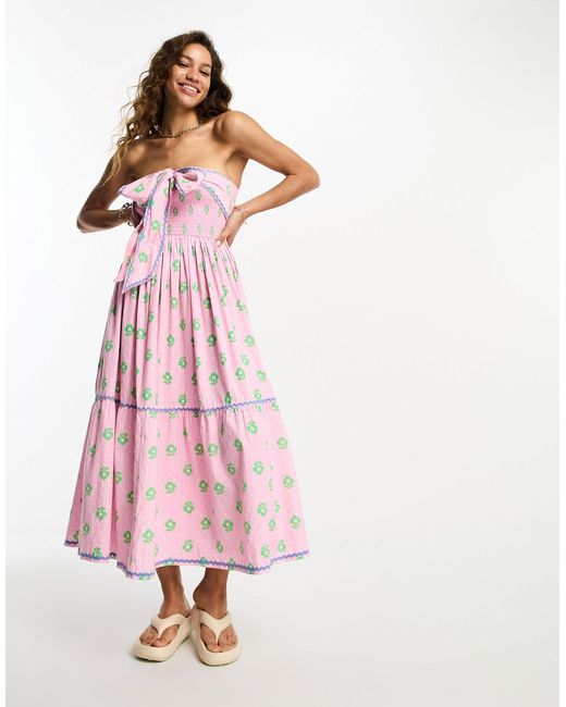 Damson Madder Pink Rik-rak Floral Print Bow Detail Bandeau Dress