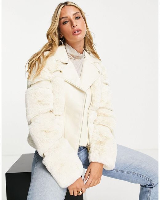 River Island White Faux Fur Panelled Biker Jacket