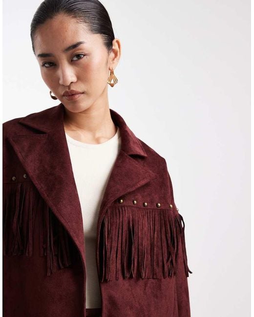 Miss Selfridge Brown Faux Suede Crop Fringe Stud Jacket