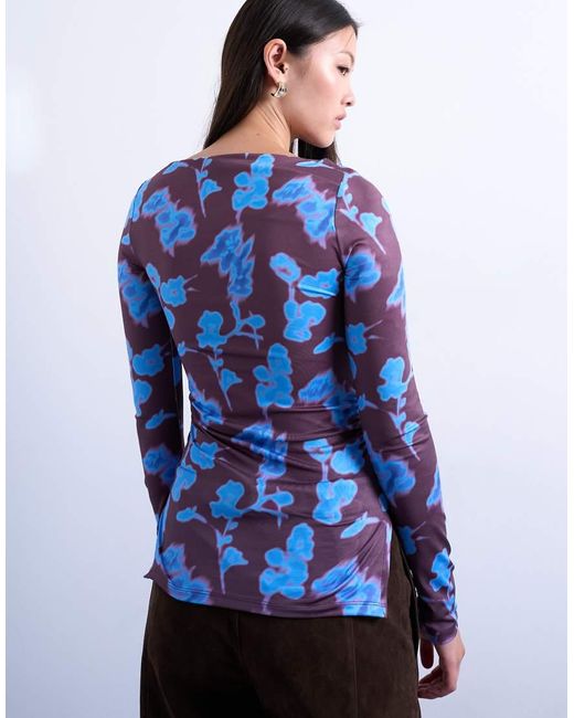 TOPSHOP Blue Abstract Floral Print Slash Neck Long Sleeve Top