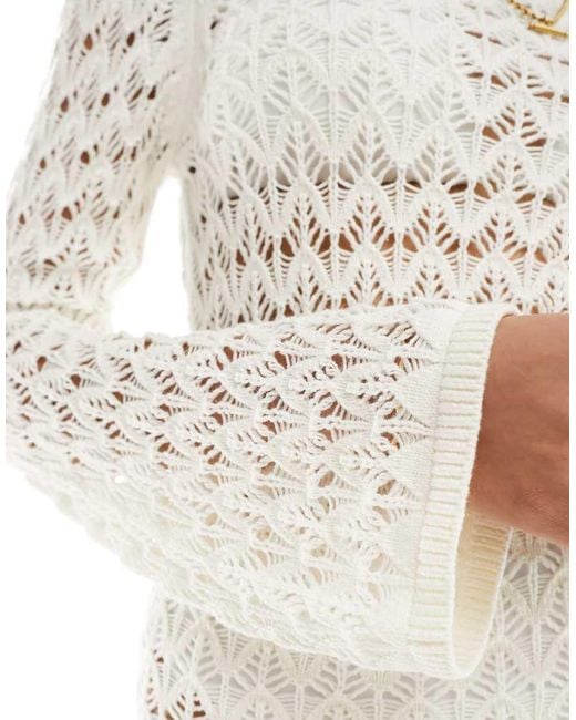 Miss Selfridge White Crochet Low Back Long Sleeve Mini Dress