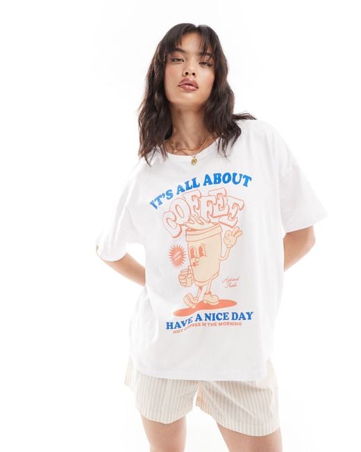 Noisy May White Oversize T-shirt With Coffee Print