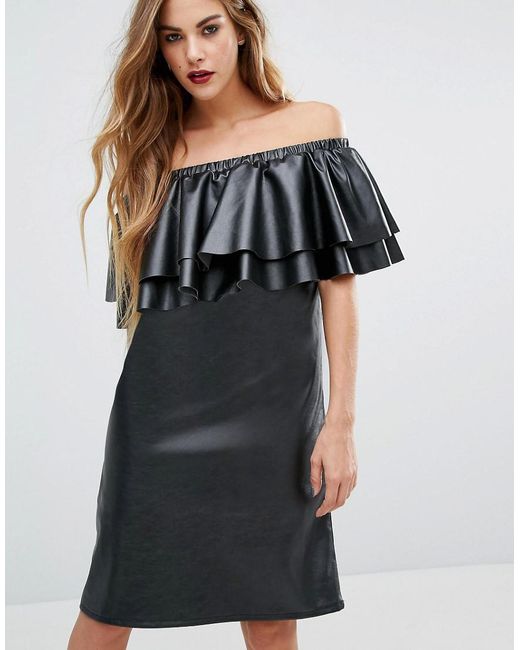 Lyst - First & i Faux Leather Ruffle Bardot Dress in Black