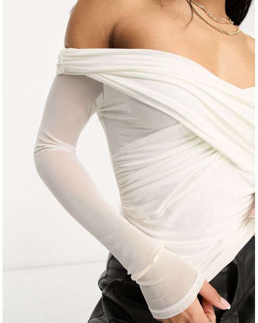 ASOS White Wrap Front Off Shoulder Bardot Long Sleeve Top