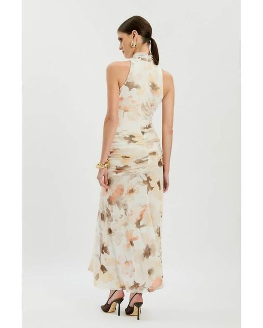 Bardot Natural Leanna High Neck Ruched Waist Thigh Split Mesh Midi Dress