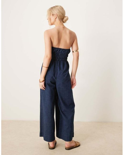 ASOS Blue Soft Denim Strapless Wide Leg Jumpsuit With Shirring Waist