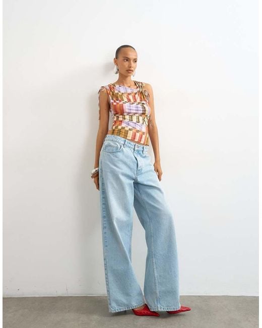 TOPSHOP Blue Check Mesh Ruched Detail Top