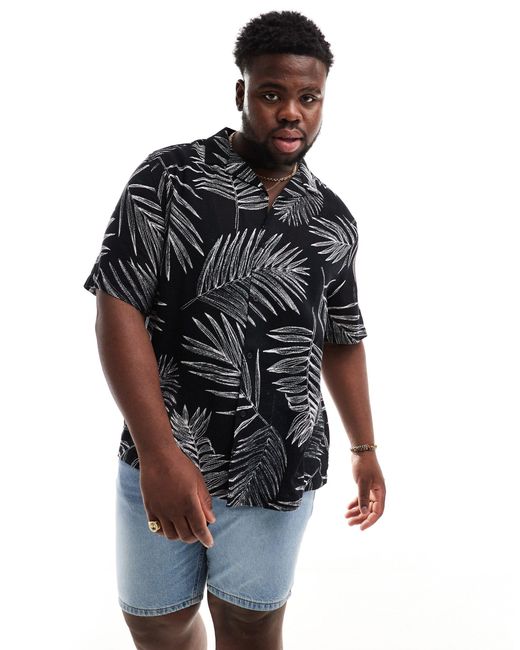 ASOS Black Relaxed Revere Shirt With Leaf Print for men
