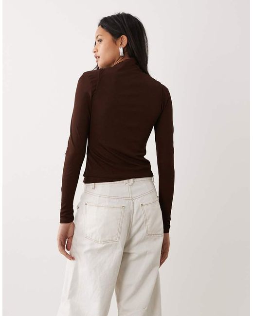 ASOS Brown Double Layer Long Sleeve Funnel Neck Top With Ruching Detail