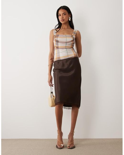 ASOS Natural Printed Mesh Draped Square Neck Top