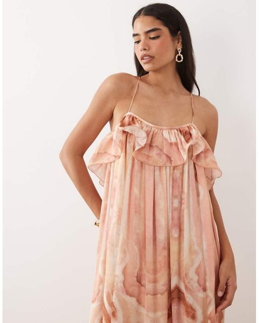 Vero Moda Pink Voluminous exaggerated Ruffle Cami Satin Midi Dress