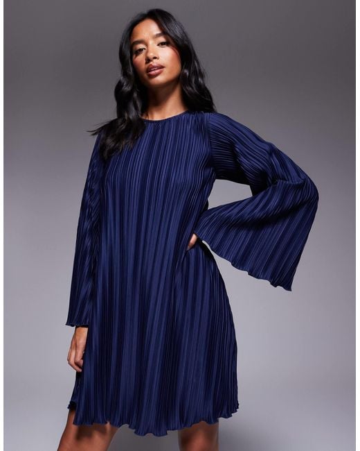 ASOS Asos Design Petite Plisse Wide Sleeve Mini Dress With Back Bow Detail in Blue
