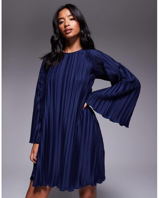 ASOS Blue Asos Design Petite Plisse Wide Sleeve Mini Dress With Back Bow Detail