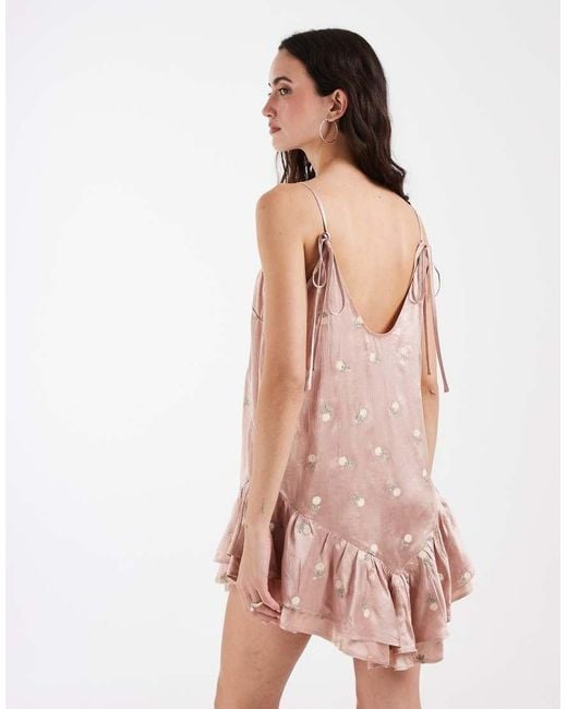 Muse Assembly Pink Boho Crushed Satin Asymmetric Ruffle Mini Dress With Floral Embroidery