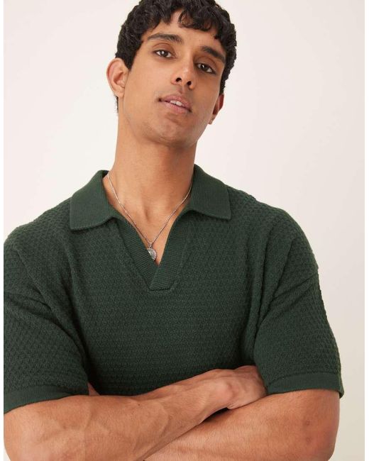 ASOS Green Relaxed Fit Textured Knitted Notch Neck Polo for men