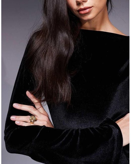 ASOS Black Velvet Flute Sleeve Slash Neck Mini Dress With Open Back Detail