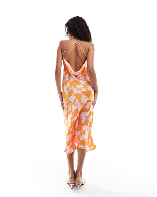 emory park Orange Cowl Neck Bloom Print Midi Dress