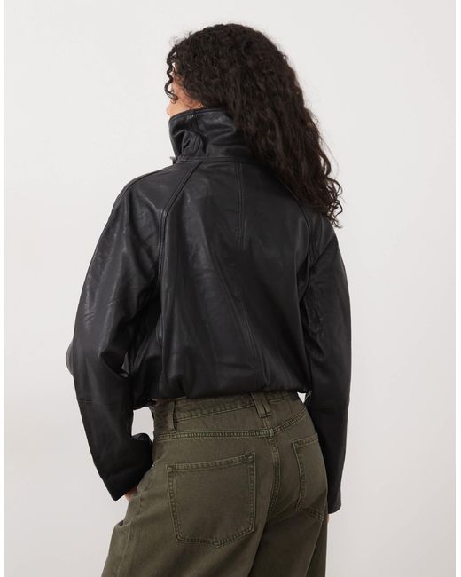 Mango Gray Funnel Neck Statement Leather Jacket