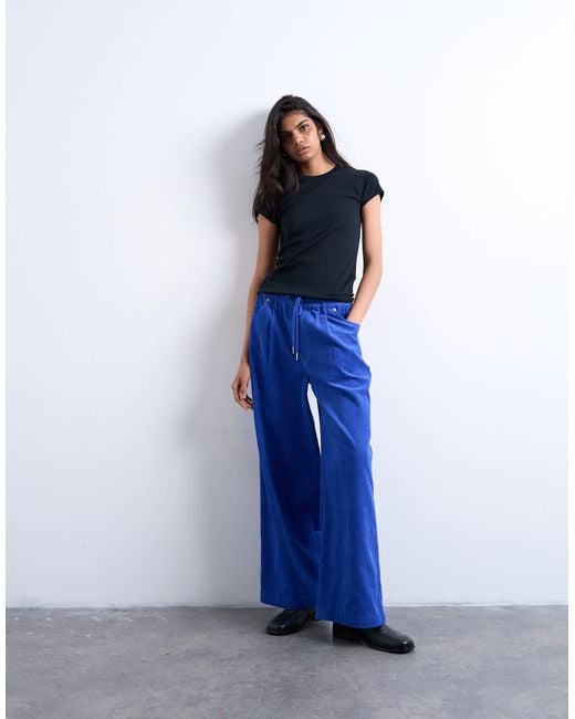 TOPSHOP Blue Cord Wide Leg Trouser With Drawcord