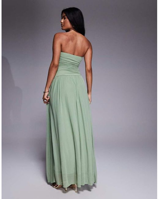 Aria Cove Green Mesh Bandeau Cut Out Tie Waist Thigh Slit Maxi Dress