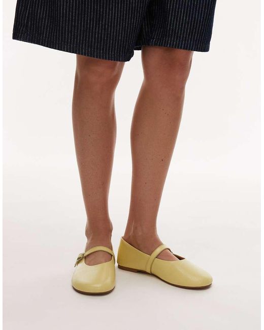 TOPSHOP Black Ash Real Leather Ruched Ballet Flat Shoes With Buckle
