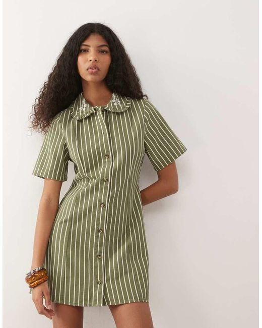 Reclaimed Vintage Green Denim Shirt Dress With Embroidered Collar