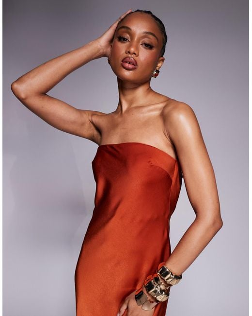 ASOS Red Asos Design Tall Satin Trapeze Bandeau Maxi Dress With Bow Back Detail