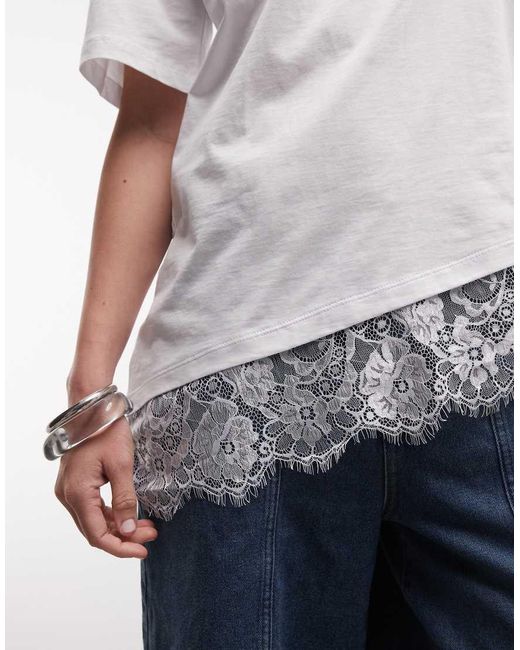 Noisy May Blue Oversized Asymetric T-shirt With Lace Hem