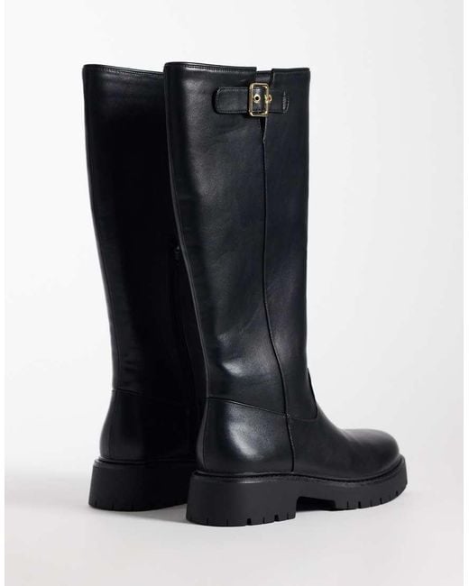 London Rebel Black Trista Chunky Knee Boots With Buckle Details
