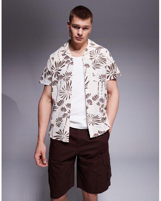 South Beach Brown Embroidered Short Sleeve Beach Shirt for men