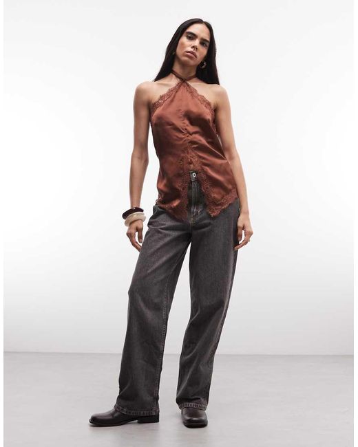 Reclaimed Vintage Brown Halter Scarf Top With Lace
