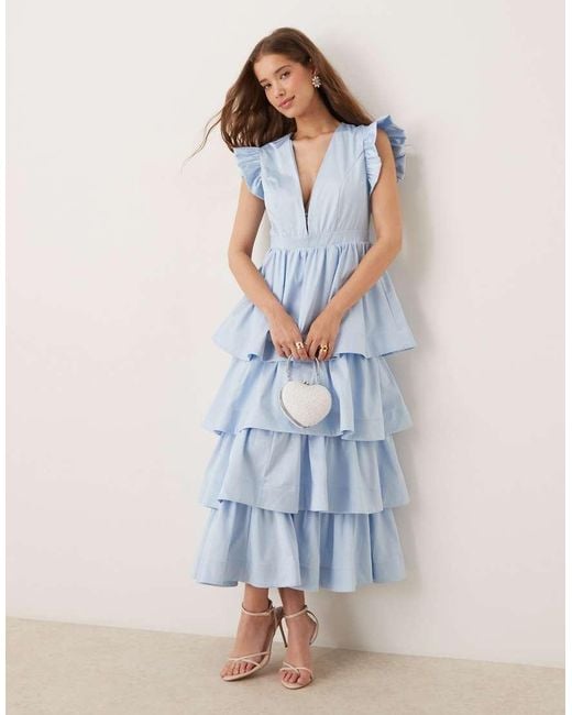 Sister Jane Blue Plunge Tiered Midaxi Dress