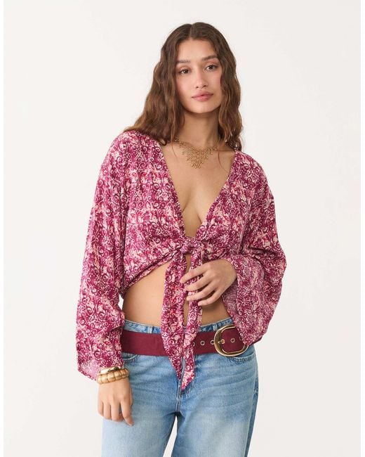 Stradivarius Red Tie Front Long Sleeve Top