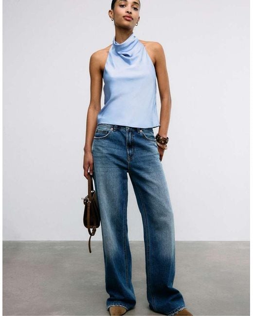 Stradivarius Blue Satin Effect Halter Top