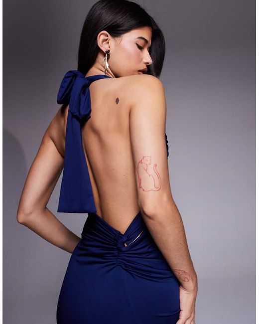 Aria Cove Blue Double Layered Slinky Asymmetric Halterneck Low Twist Back Dress Maxi Dress