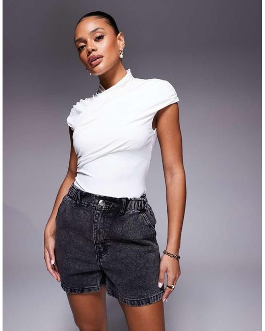 Missy Empire Black Missy Empire Denim Elasticated Paperbag High Waist Shorts