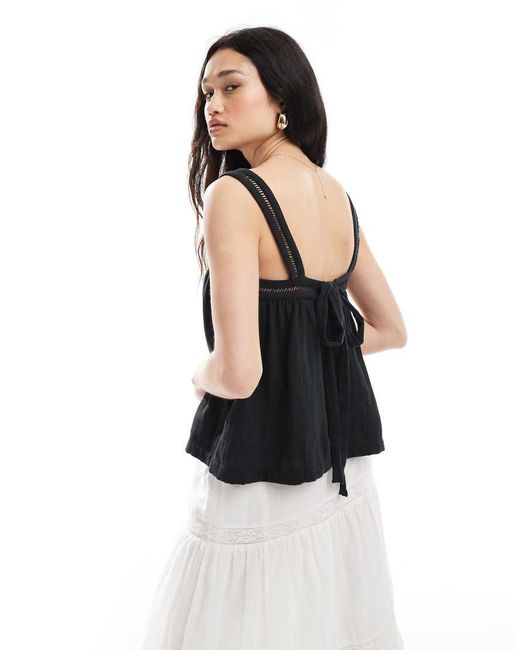 ASOS White Crinkle Cami Top With Lace Insert Detail And Tie Back